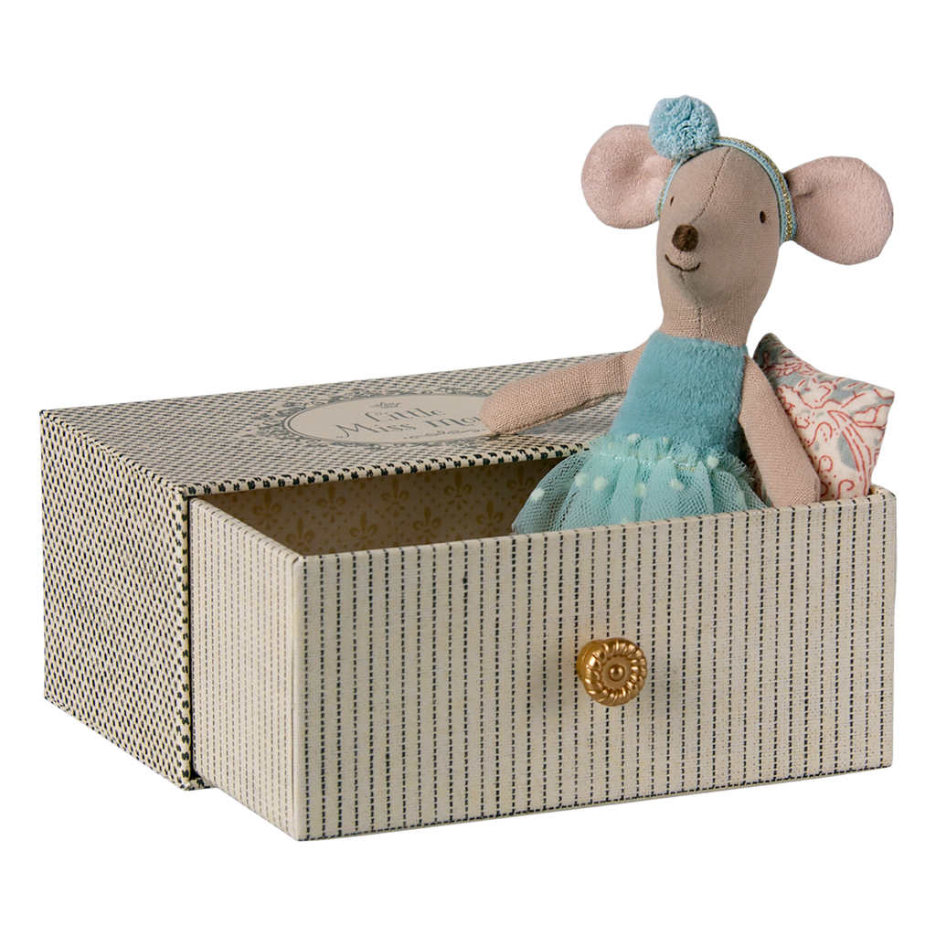A sweet ballerina mouse in a polka dot outfit, resting on a cozy, vintage-style metal daybed with soft bedding—perfect for imaginative play and dollhouse scenes.