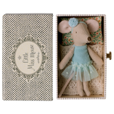 A sweet ballerina mouse in a polka dot outfit, resting on a cozy, vintage-style metal daybed with soft bedding—perfect for imaginative play and dollhouse scenes.