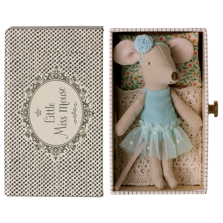 A sweet ballerina mouse in a polka dot outfit, resting on a cozy, vintage-style metal daybed with soft bedding—perfect for imaginative play and dollhouse scenes.