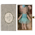 A sweet ballerina mouse in a polka dot outfit, resting on a cozy, vintage-style metal daybed with soft bedding—perfect for imaginative play and dollhouse scenes.