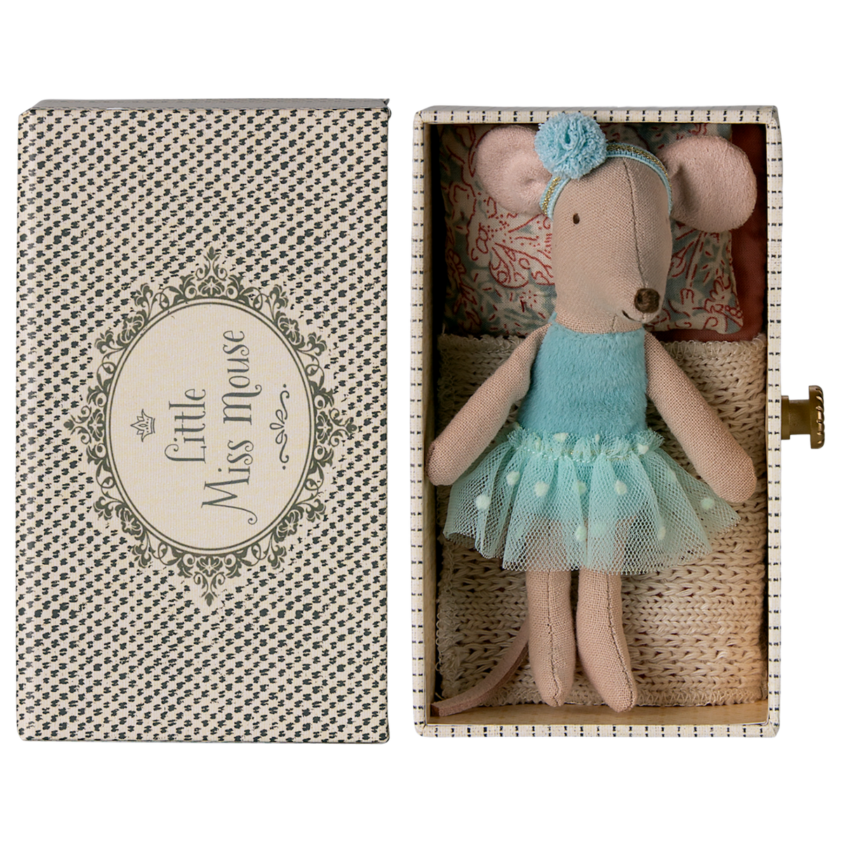 A sweet ballerina mouse in a polka dot outfit, resting on a cozy, vintage-style metal daybed with soft bedding—perfect for imaginative play and dollhouse scenes.