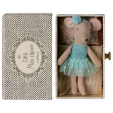 A sweet ballerina mouse in a polka dot outfit, resting on a cozy, vintage-style metal daybed with soft bedding—perfect for imaginative play and dollhouse scenes.