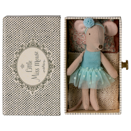 A sweet ballerina mouse in a polka dot outfit, resting on a cozy, vintage-style metal daybed with soft bedding—perfect for imaginative play and dollhouse scenes.