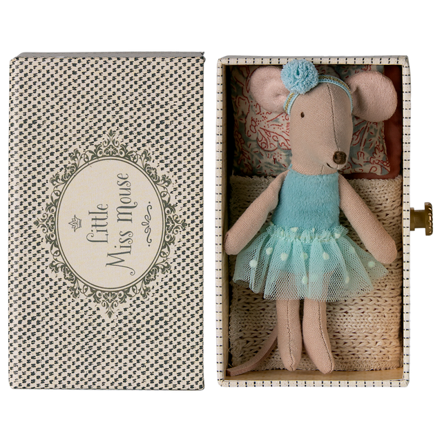 A sweet ballerina mouse in a polka dot outfit, resting on a cozy, vintage-style metal daybed with soft bedding—perfect for imaginative play and dollhouse scenes.