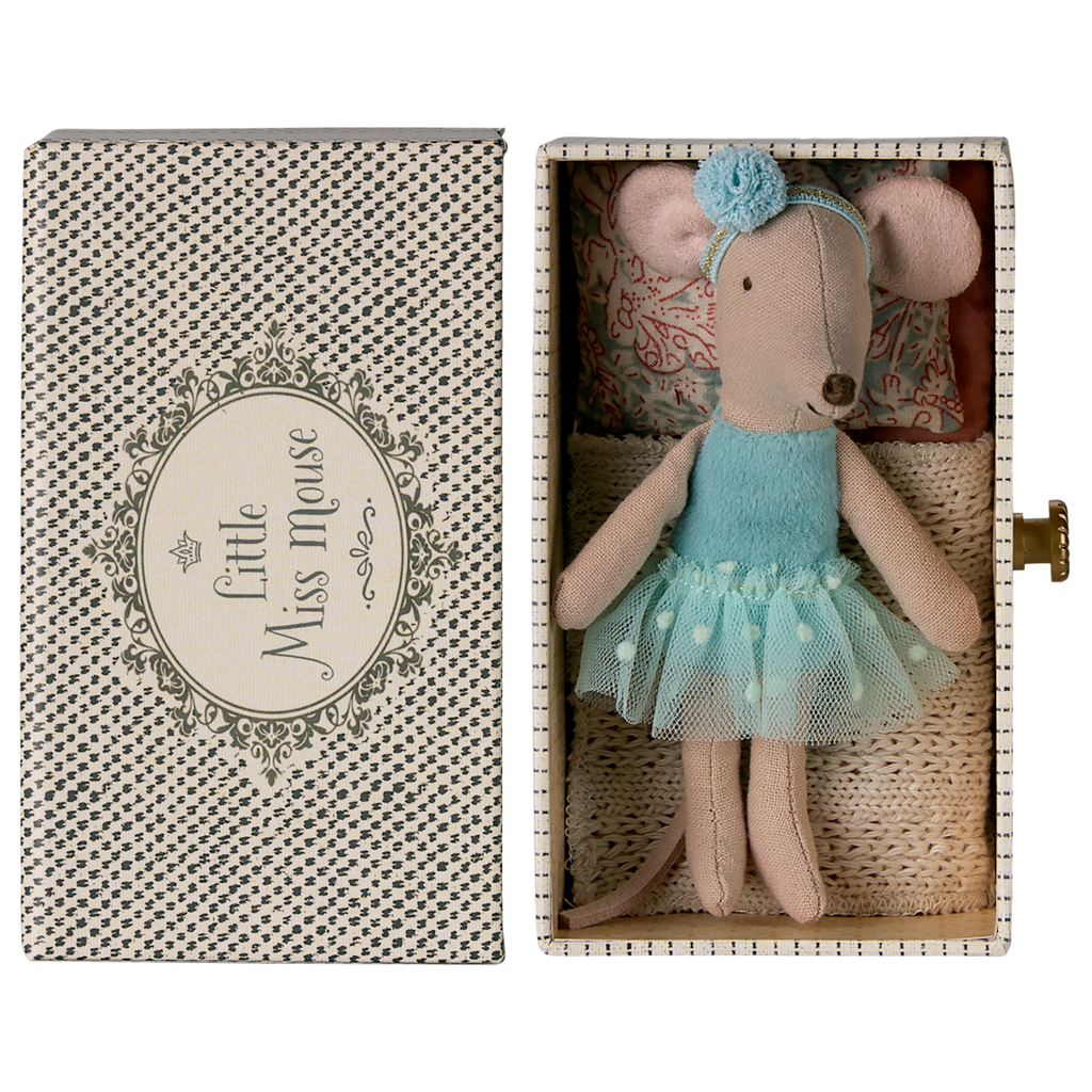 A sweet ballerina mouse in a polka dot outfit, resting on a cozy, vintage-style metal daybed with soft bedding—perfect for imaginative play and dollhouse scenes.
