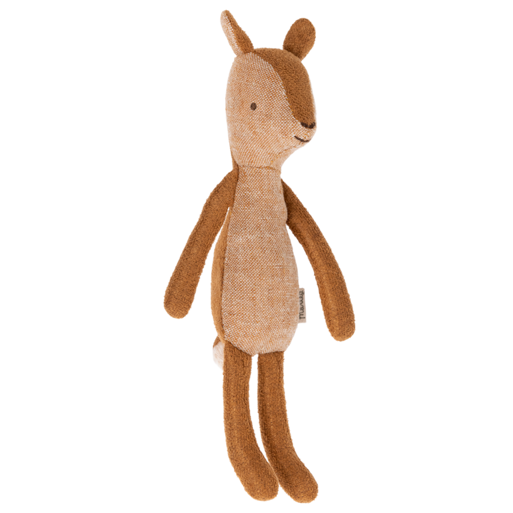 A brown teddy bear with long limbs and black eyes, standing upright against a white background, conveying a warm and cozy feel.