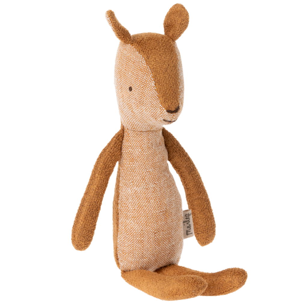 A plush kangaroo toy with a textured brown and beige fabric stands upright against a white background. Its features are simple and charming.