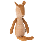 Maileg little sister deer plush toy sitting down, featuring a brown and tan linen fabric body.