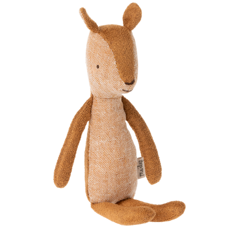 Maileg little sister deer plush toy sitting down, featuring a brown and tan linen fabric body.
