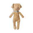 A plush light brown dog toy with floppy ears, wearing a brown collar, stands upright against a white background.