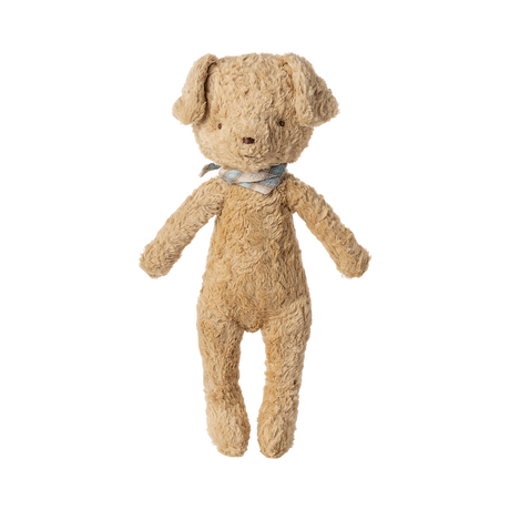 A plush light brown dog toy with floppy ears, wearing a brown collar, stands upright against a white background.