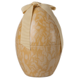 A decorated golden egg-shaped box with a cream floral pattern and animals, topped with a large cream ribbon bow, set against a white background.