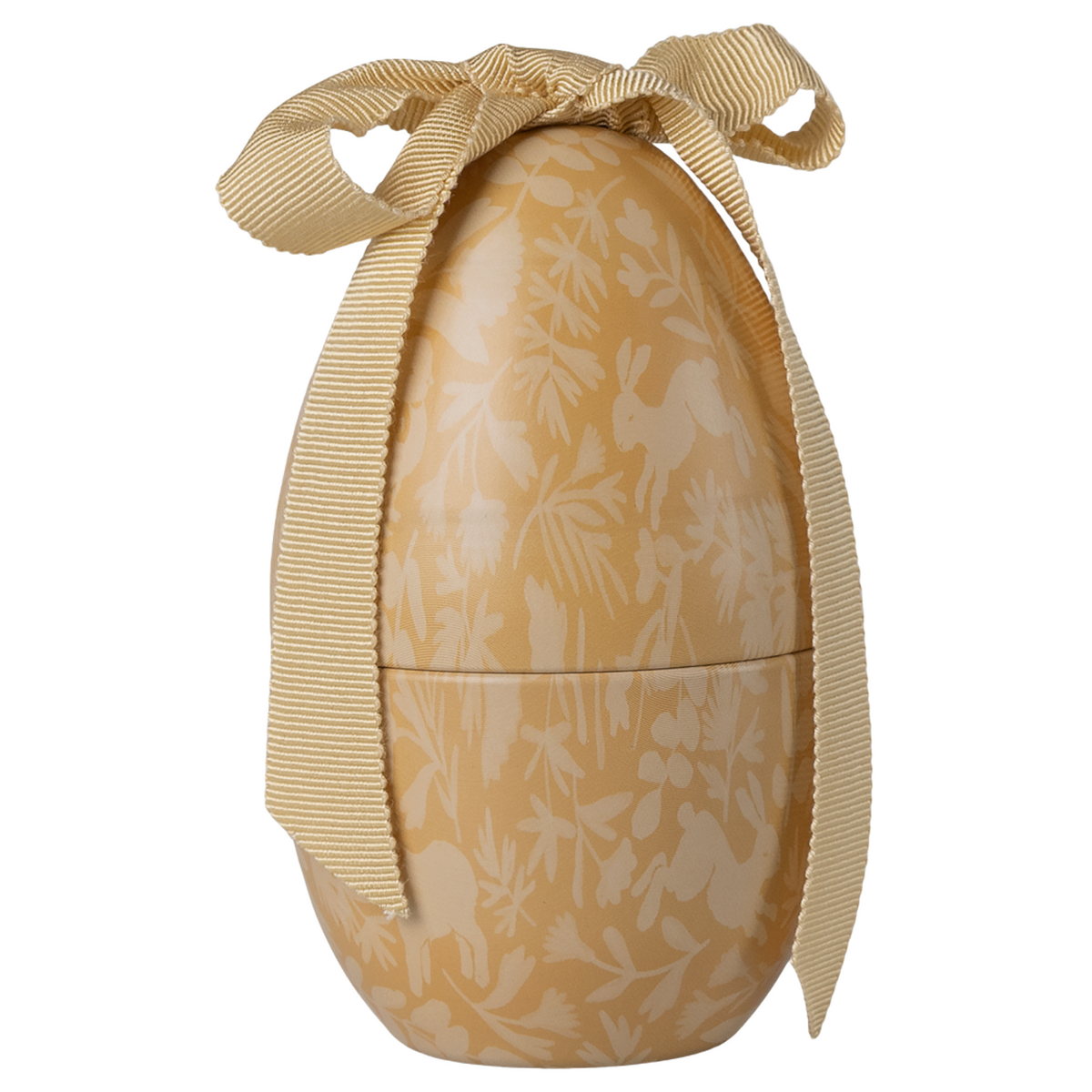 Golden egg-shaped container with white floral and rabbit patterns, tied with an elegant cream ribbon. The image conveys a festive and elegant tone.
