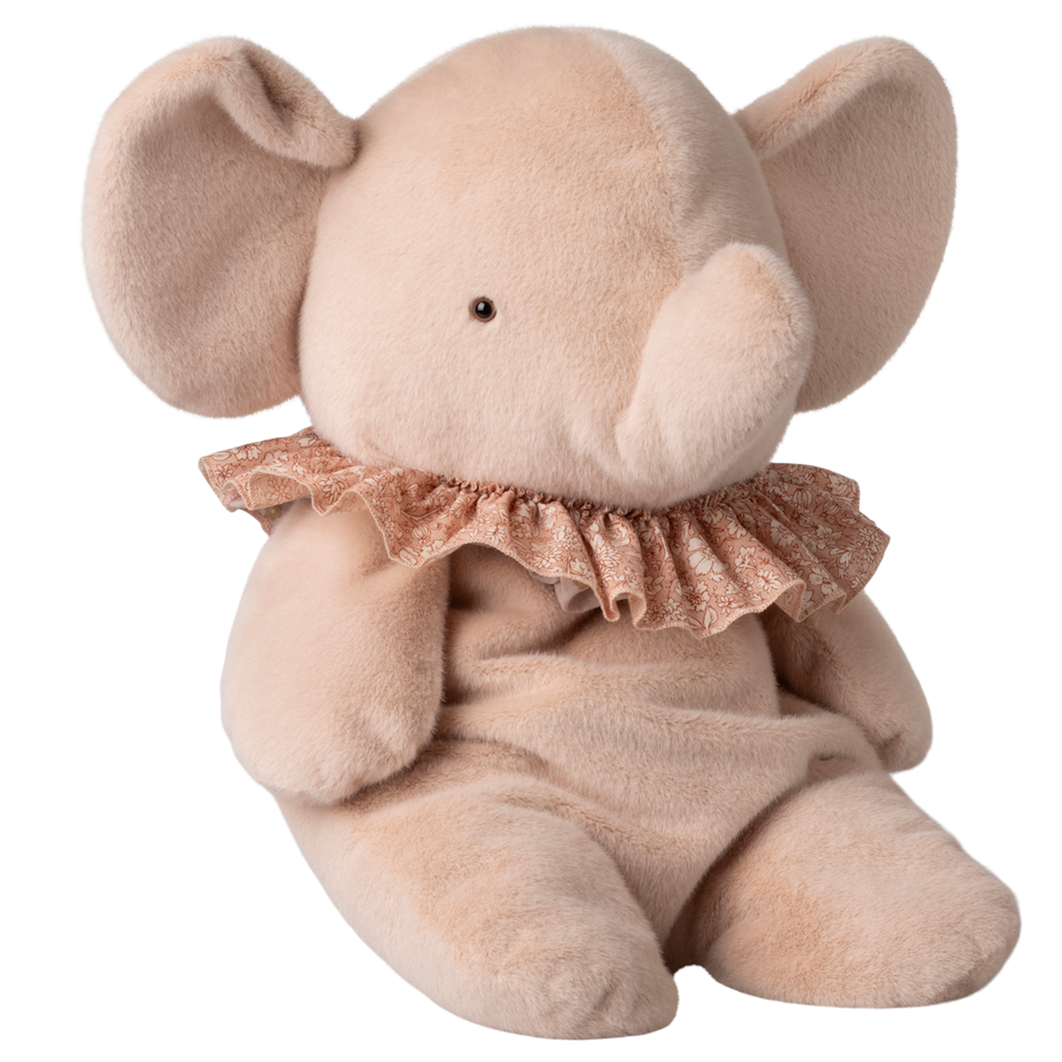 A plush, beige elephant toy with large ears and a curved trunk sits against a white background. It wears a delicate, lace-trimmed pink ruffle.