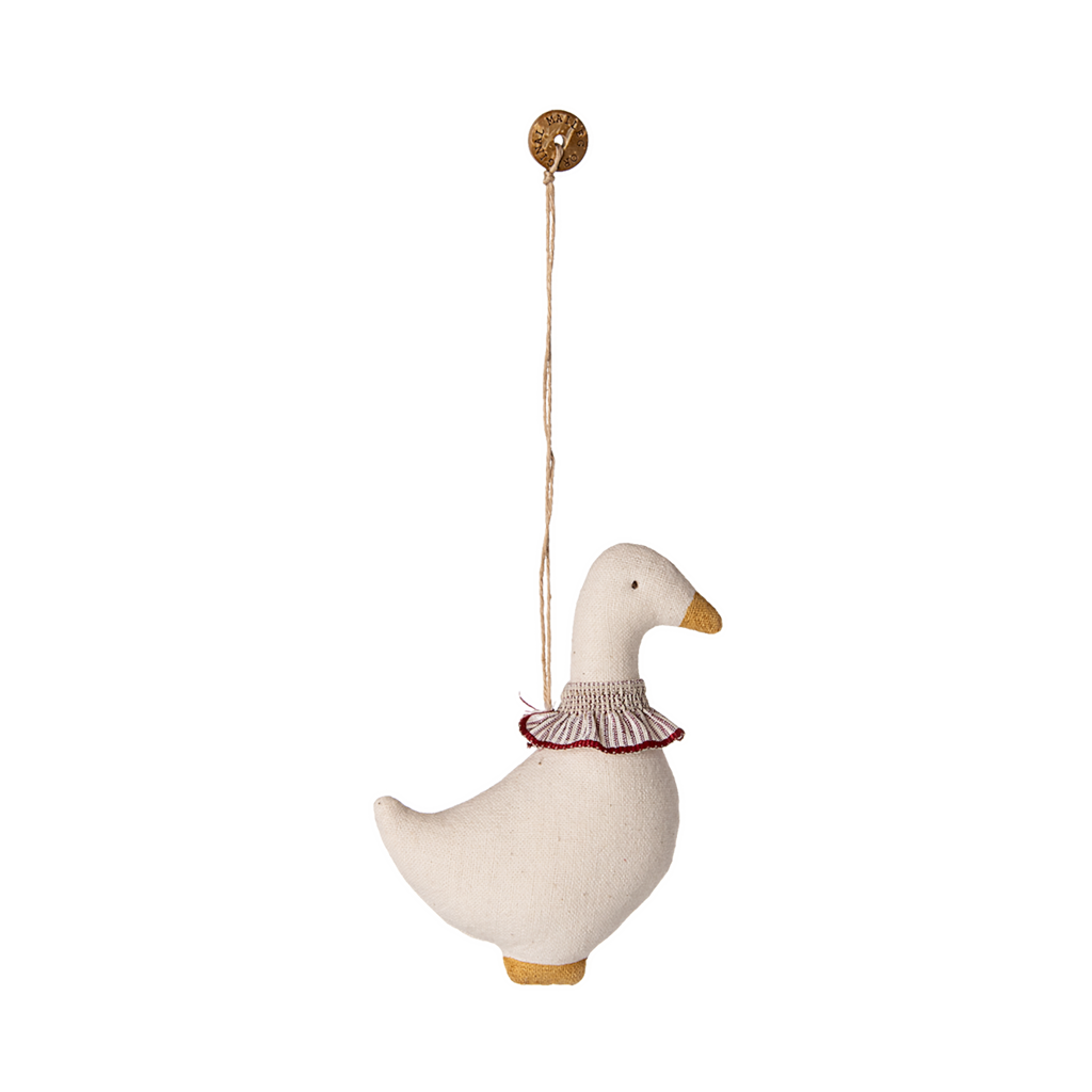 Charming fabric duck ornament with a ruffled collar and long stick for hanging, perfect for whimsical home décor.