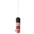 A hanging ornament depicting a smiling toy soldier with a tall black hat and red, blue, and white uniform, set against a white background.