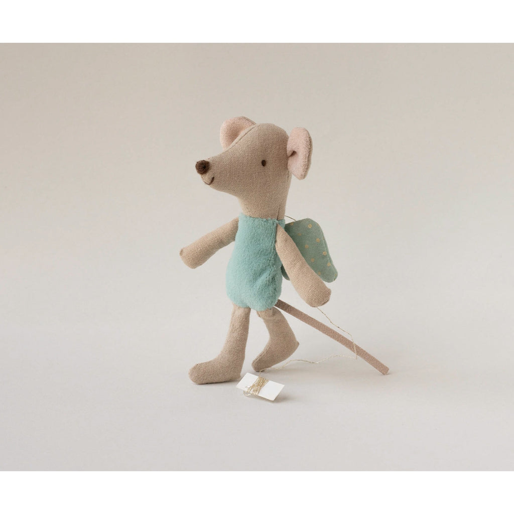A soft, plush mouse toy wearing a blue dress and green wings with polka dots. The mouse has large pink ears and a smiling expression.