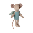 A soft, plush mouse toy wearing a blue dress and green wings with polka dots. The mouse has large pink ears and a smiling expression.