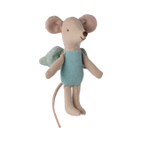 A soft, plush mouse toy wearing a blue dress and green wings with polka dots. The mouse has large pink ears and a smiling expression.