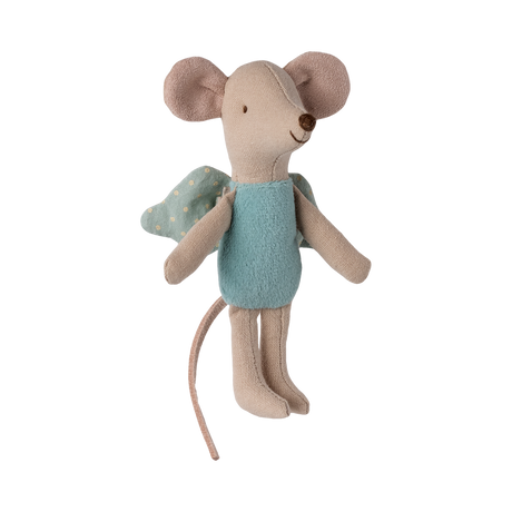 A soft, plush mouse toy wearing a blue dress and green wings with polka dots. The mouse has large pink ears and a smiling expression.