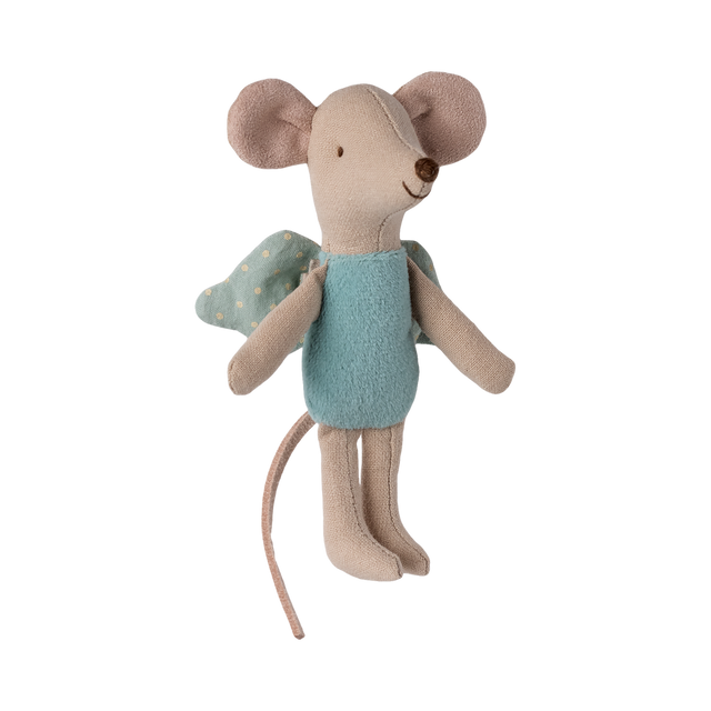 A soft, plush mouse toy wearing a blue dress and green wings with polka dots. The mouse has large pink ears and a smiling expression.