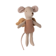 A soft, beige toy mouse with large ears and angelic wings, wearing a brown shirt. The mouse appears joyful, emanating a playful, whimsical vibe.
