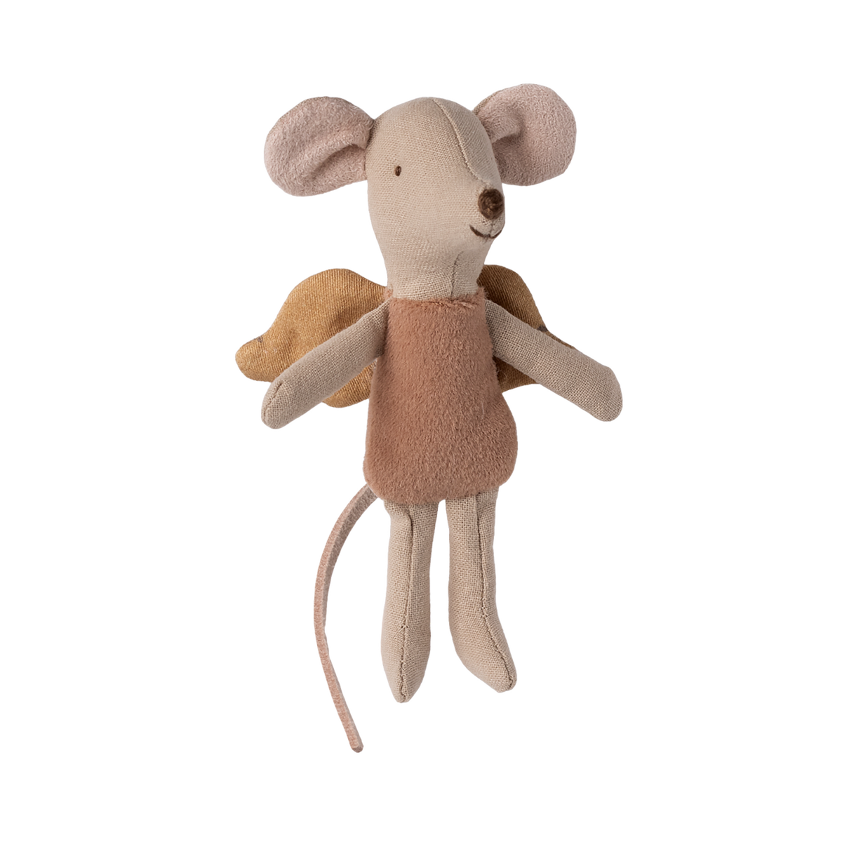 A soft, beige toy mouse with large ears and angelic wings, wearing a brown shirt. The mouse appears joyful, emanating a playful, whimsical vibe.