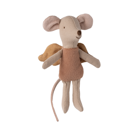 A soft, beige toy mouse with large ears and angelic wings, wearing a brown shirt. The mouse appears joyful, emanating a playful, whimsical vibe.
