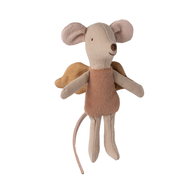 A soft, beige toy mouse with large ears and angelic wings, wearing a brown shirt. The mouse appears joyful, emanating a playful, whimsical vibe.