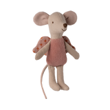 A cute plush toy mouse with large ears and a friendly smile, wearing a pink outfit and polka dot wings, giving an impression of whimsy and playfulness.