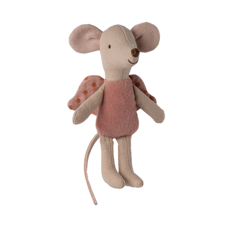 A cute plush toy mouse with large ears and a friendly smile, wearing a pink outfit and polka dot wings, giving an impression of whimsy and playfulness.