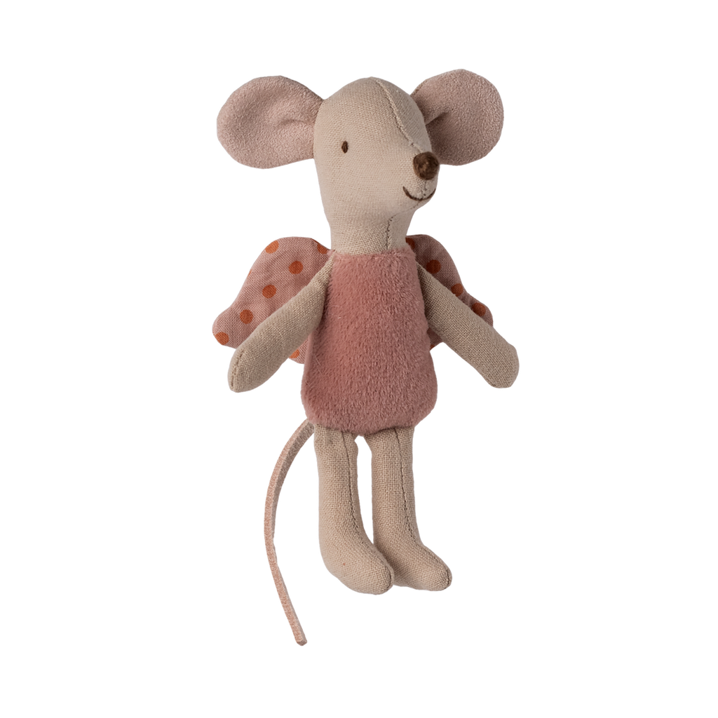 A cute plush toy mouse with large ears and a friendly smile, wearing a pink outfit and polka dot wings, giving an impression of whimsy and playfulness.