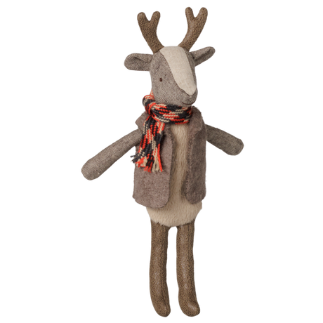 Maileg father reindeer plush toy wearing a brown vest and a plaid winter scarf.