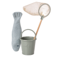 Toy fishing set on a white background featuring a gray knit fish, light gray metal bucket, and a wooden-handled net with a cream mesh.