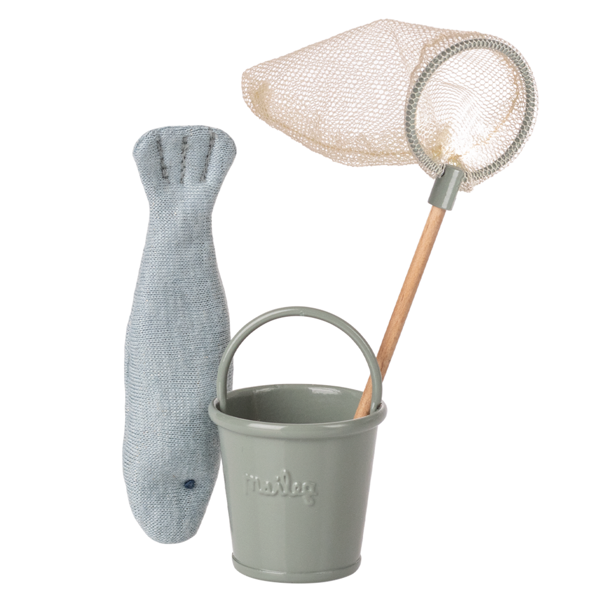 Toy fishing set on a white background featuring a gray knit fish, light gray metal bucket, and a wooden-handled net with a cream mesh.