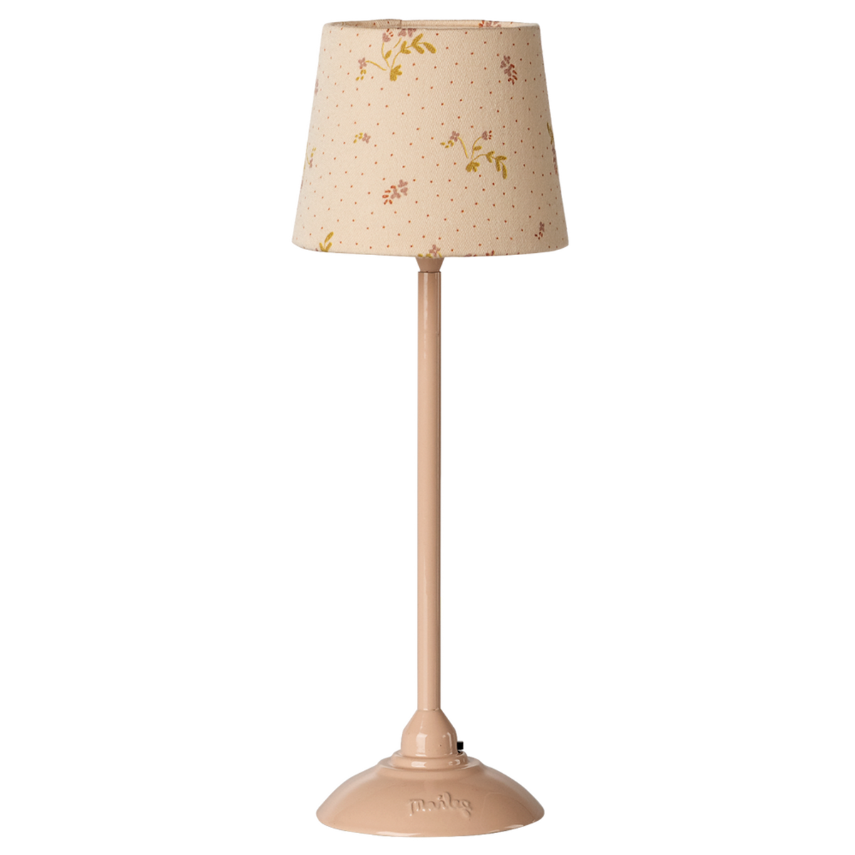 A slender table lamp with a beige floral-patterned shade and matching base, set against a white background. The design evokes a vintage aesthetic.