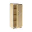 A toy refrigerator in a pale yellow color, is shown with its door slightly ajar. The fridge has a retro design with rounded edges, a silver-colored handle on the right side of the door, and the word "MAILEG" embossed vertically on the door. Inside, three shelves with ribbed textures are visible.