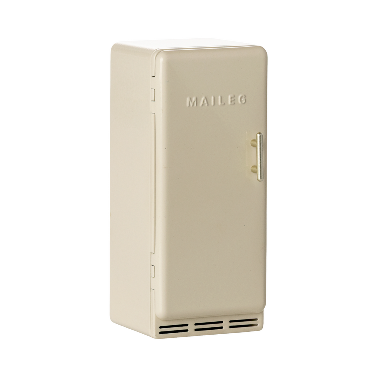 Vintage-style miniature cream fridge with a metal handle, featuring a simple design and embossed MAILEG text, evokes a nostalgic charm.