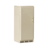 Vintage-style miniature cream fridge with a metal handle, featuring a simple design and embossed MAILEG text, evokes a nostalgic charm.