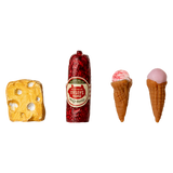 Miniature toy food items displayed against a black background: a yellow cheese wedge, red sausage, and two small ice cream cones, creating a playful tone.