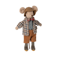 Maileg grandad mouse doll wearing a tweed hat, plaid jacket, bowtie, corduroy trousers, and boots against a white background.
