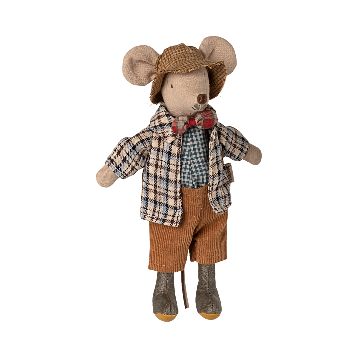 Maileg grandad mouse doll wearing a tweed hat, plaid jacket, bowtie, corduroy trousers, and boots against a white background.