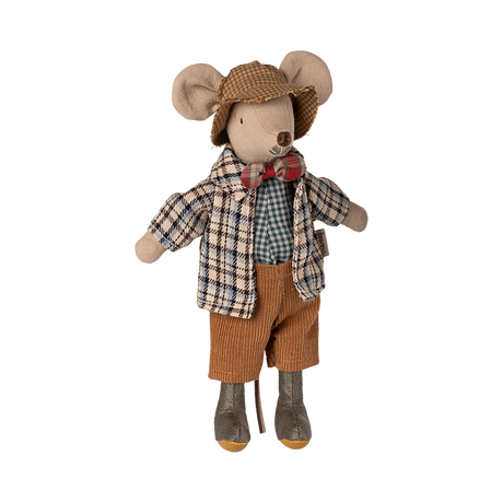 Maileg grandad mouse doll wearing a tweed hat, plaid jacket, bowtie, corduroy trousers, and boots against a white background.