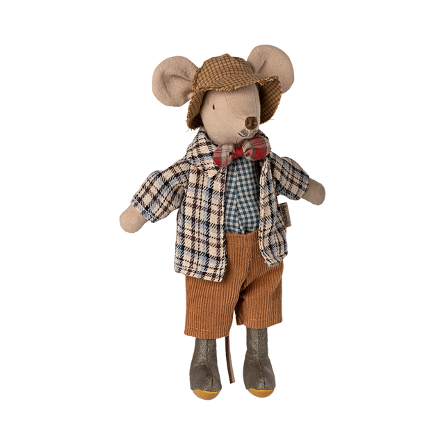 Maileg grandad mouse doll wearing a tweed hat, plaid jacket, bowtie, corduroy trousers, and boots against a white background.