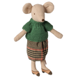 Maileg grandma mouse plush doll wearing a green knit sweater and plaid skirt.