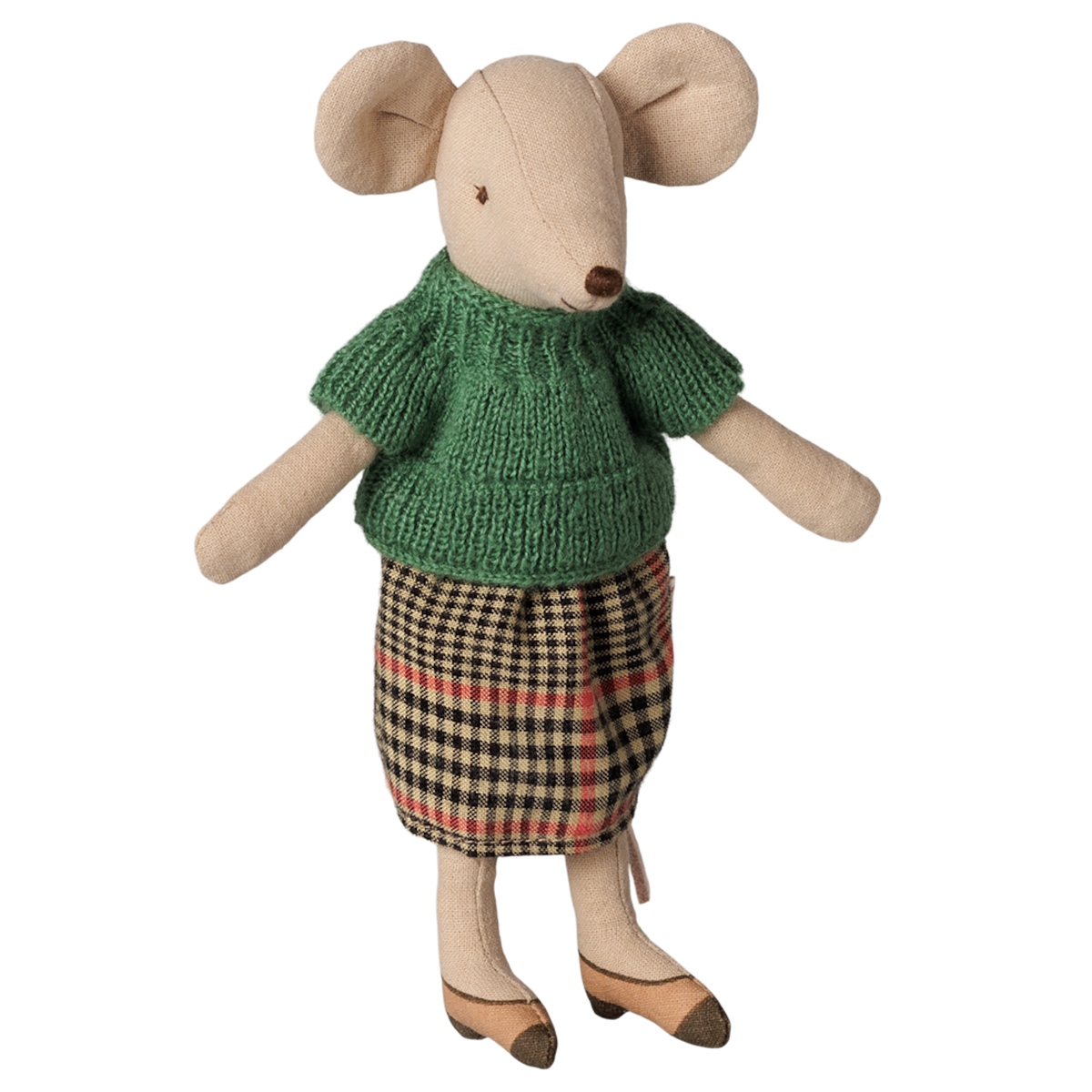 Maileg grandma mouse plush doll wearing a green knit sweater and plaid skirt.