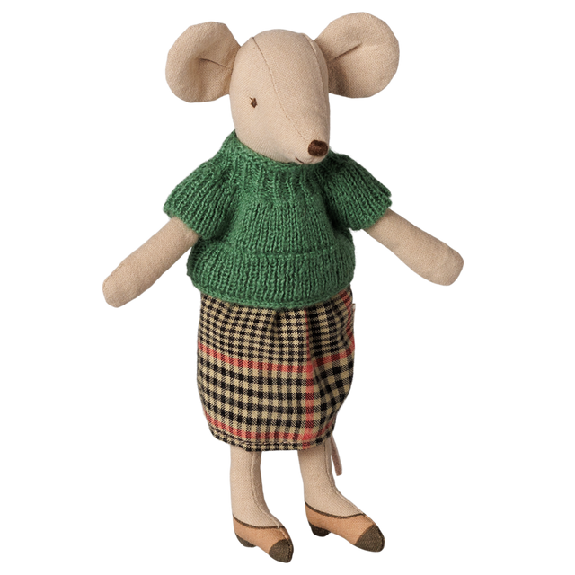 Maileg grandma mouse plush doll wearing a green knit sweater and plaid skirt.