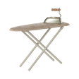 A miniature, foldable ironing board with a floral-patterned surface and a vintage-style iron featuring a wooden handle, set against a plain background.
