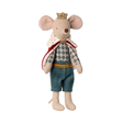 A plush toy mouse dressed as a royal figure with a gold crown, red and white cape, diamond-patterned shirt, and blue pants, exuding a whimsical, playful vibe.