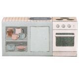 Miniature toy kitchen set with a pink countertop, mini sink, stovetop, and oven.